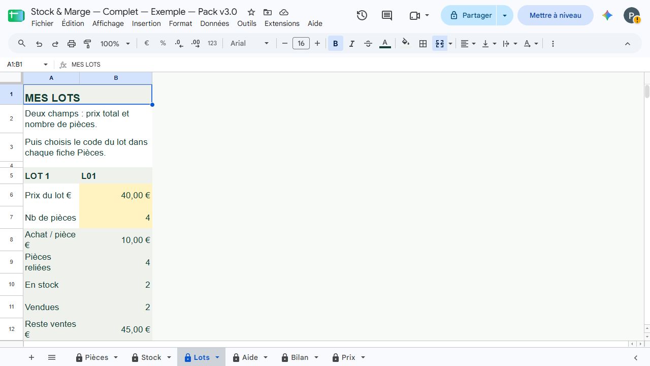 Capture réelle des Lots du Complet : prix total et nombre de pièces à saisir, coût par pièce calculé.